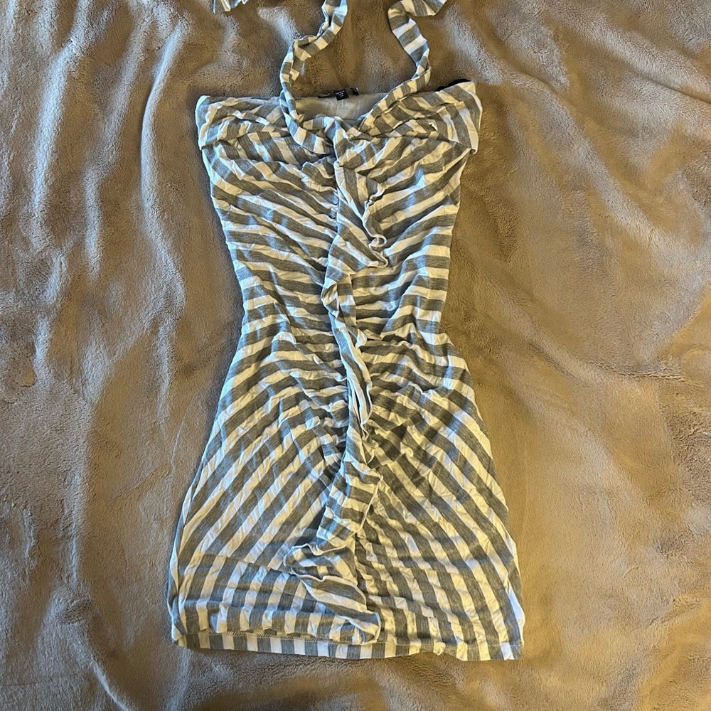 Bebe Ruched Striped Halter Dress